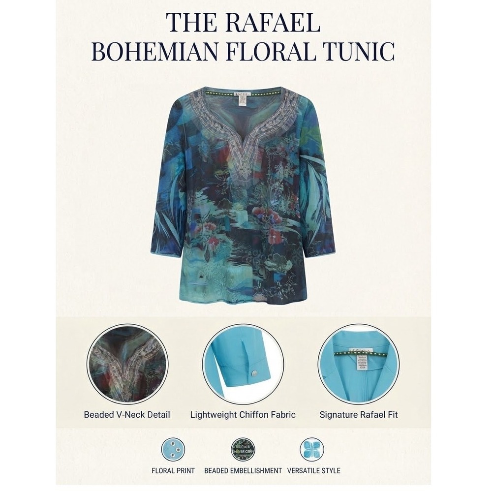 BLEU Woman Teal Abstract Landscape Beaded V-Neck Top